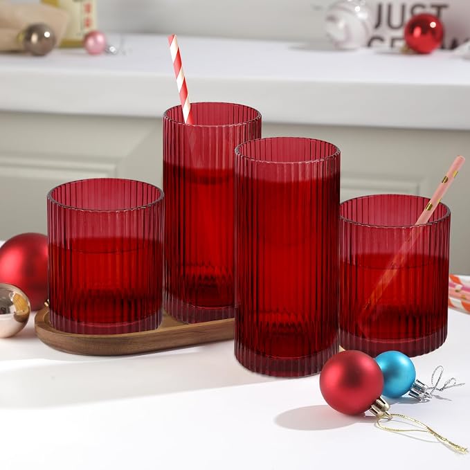 Ribbed Drinking Glasses 8pcs, 12oz and 10oz Glassware, Tumbler Glasses Cup Set - Image 2