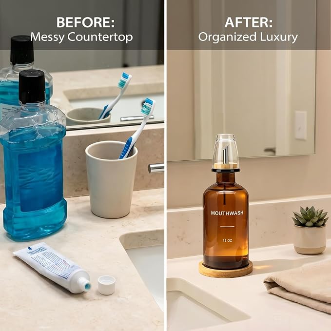 Glass Mouthwash Dispenser for Bathroom, Amber | Bamboo Tray & Mouthwash Cup - Image 3