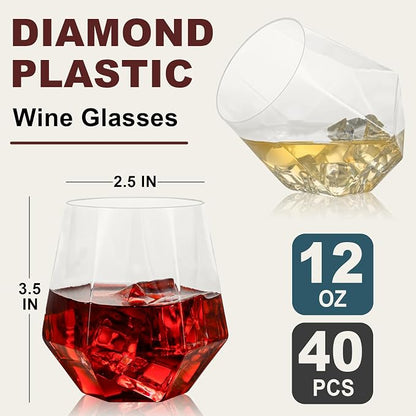 Goodluck 40 PCS 12oz Diamond Stemless Clear Plastic Wine Whiskey Glasses | - Image 2