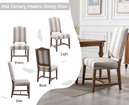 CIMOTA Mid Century Modern Dining Chairs Set of 2, Farmhouse Upholstered Dining Room Chairs Comfortable Kitchen Side Chairs with High Back/Natural Solid Wood Frame, Linen Brown/Beige Stripe