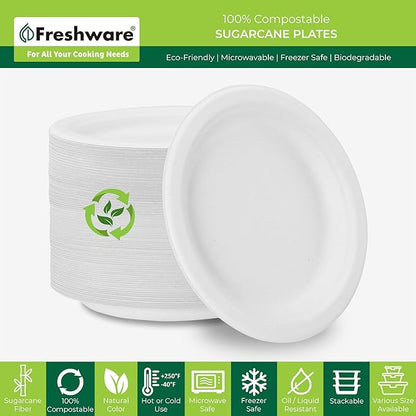Freshware Paper Plates - Disposable 10" Plate, 500-Pack, Biodegradable Sugarcane Dinner Plates - Heavy Duty Dinnerware for Hot Food - Microwave & Freezer Safe, Stackable Dinnerware
