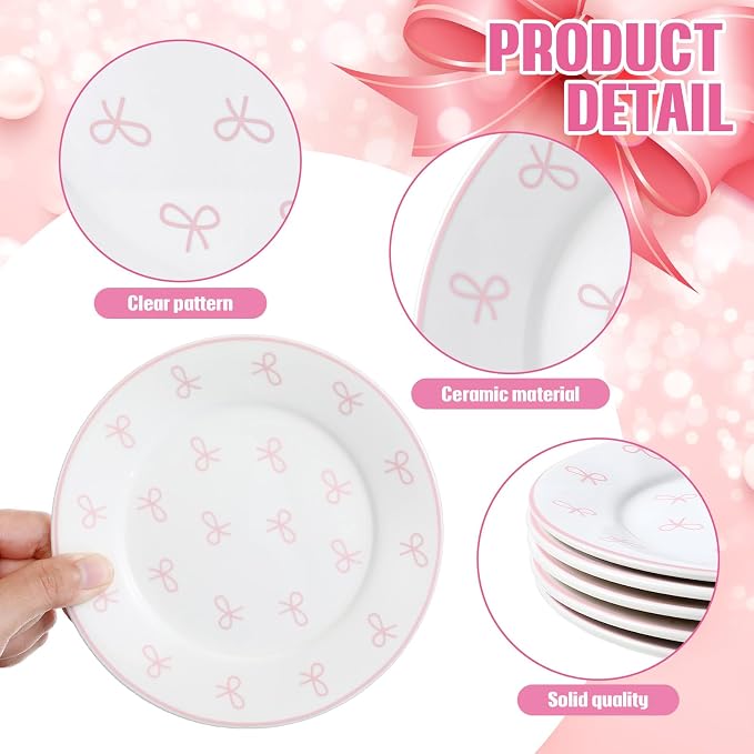 Honeydak 6 Pcs 6 Inch Pink Bow Ceramic Plates Coquette Bachelorette Tableware - Image 3