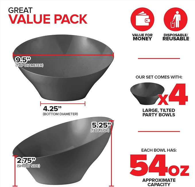 54oz Black Plastic Serving Bowls Large Disposable Snack Bowl Candy Dishes - Image 2