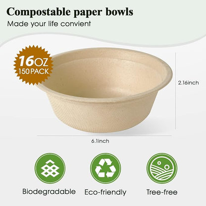150 Pack 16 OZ Compostable Disposable Paper Bowls - Image 2