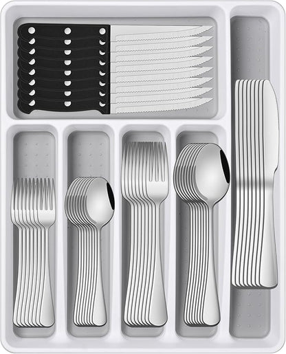 49 Pieces Silverware Sets With Organizer And Steak Knives,Stainless Steel Flatware Sets Service For 8 Person For Home Kitchen,Tableware Cutlery Sets,Includes Knife Spoon and Forks Sets
