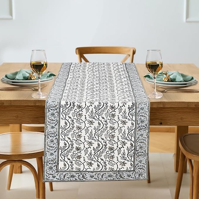 Baby Blue Eyes Hand Block Print 100% Cotton Reusable Table Runner 16" X 90" by Ridhi