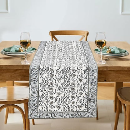 Baby Blue Eyes Hand Block Print 100% Cotton Reusable Table Runner 16" X 90" by Ridhi