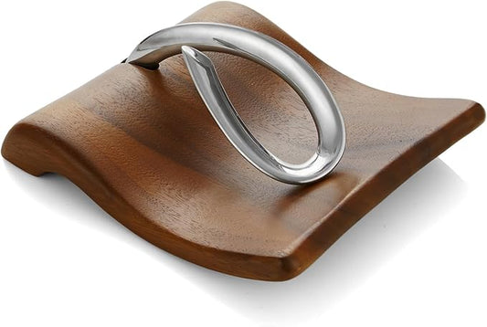nambe Breeze Napkin Holder | Tabletop Napkin Tray for Parties, Weddings, and Events | Made of Acacia Wood and Stainless Steel | Measures at 9" x 7.5" x 3" | Designed by Neil Cohen