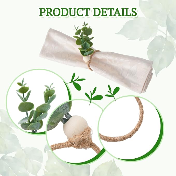 APTWOW Napkin Rings Set of 12, Easter Napkin Rings, Boho Eucalyptus Leaf - Image 4