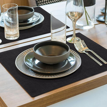 homing Cotton Linen Placemats Set of 8, Cloth Washable Farmhouse Dining Table Mats for Indoors & Outdoors, Easy to Clean, Black, 13 x 19 Inch