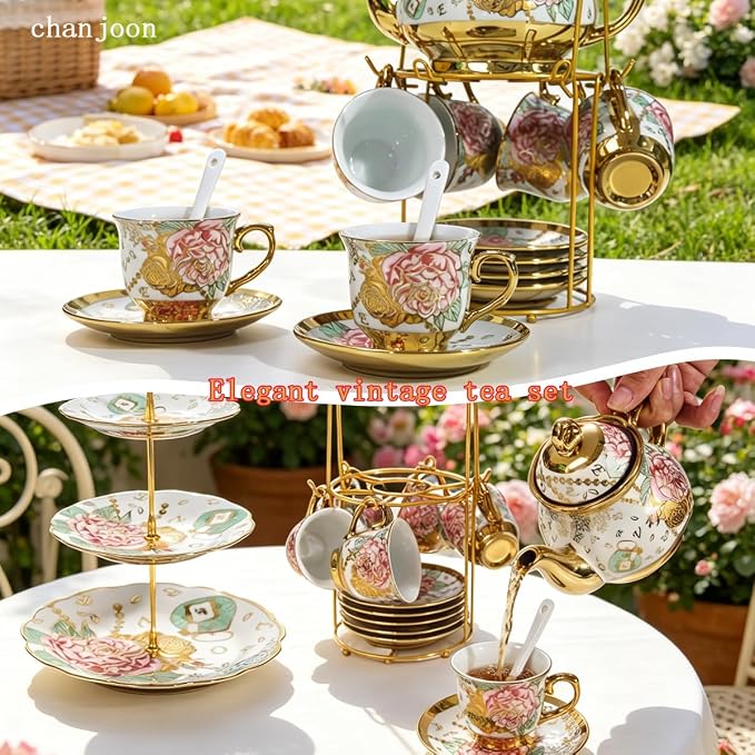 CHANJOON Gold Plated Red Rose Ceramic Tea Set, Vintage Tea Sets - Image 3
