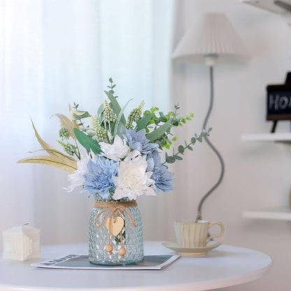 Faux Flowers with Vase,Artificial Silk Flowers in Vase, Fake Plant Eucalyptus and Willow,Flower Arrangement for Home Farmhouse Dining Table Centerpiece Decorations Coffee Table Decor (Dusty Blue)