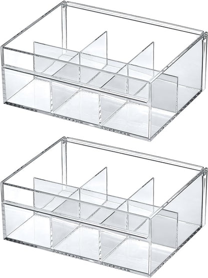 Amazing Abby - Tea-Rrific - 2-Pack Acrylic 6-Compartment Tea Bag Organizer, Clear Plastic Tea Box, 6-Slot Tea Chest, Perfect Tea Storage Solution for Kitchen Cabinet, Countertop, Pantry, and More