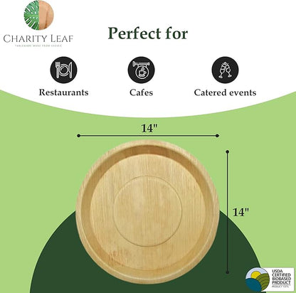 Charity Leaf Disposable Palm Leaf 14" Round Trays (100 pieces) Bamboo Like Serving Platters, Disposable Boards, Eco-Friendly Dinnerware For Weddings, Catering, Events