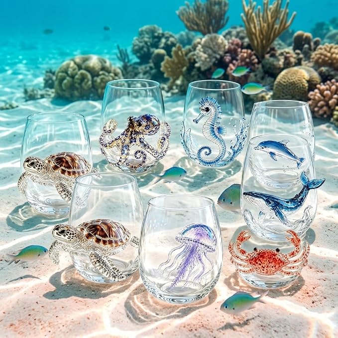Artisanal Blue Ringed Octopus Glassware, 3D Ocean Glass Wine Glass，Seahorse | - Image 7