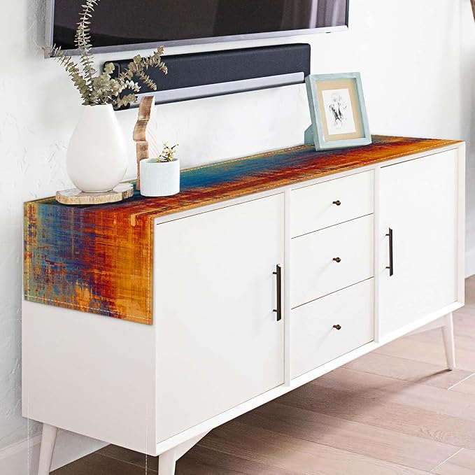 Orange and Blue Table Runner Modern Abstract Messy Rust Painting Linen Dresser - Image 3