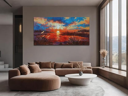 Anolyfi Red Sunset Reed Canvas Wall Art for Living Room, Sunset over the Lake Wall Decor Decorative Painting Large Artwork for Men Room Hallway Bedroom Kitchen Office Home Decor 40"x20"