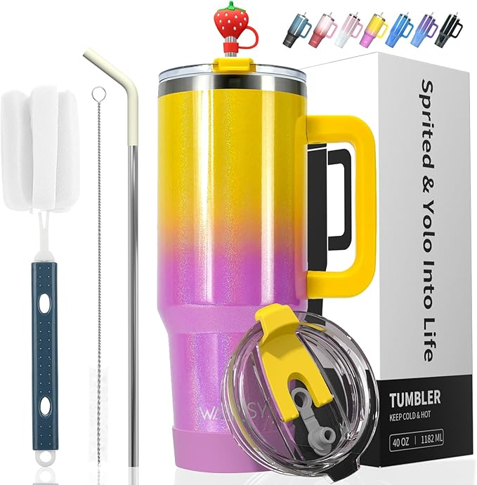 40 oz Shiny Tumbler with Handle and Straw, Stainless Steel Tumbler with Lid and by Watersy
