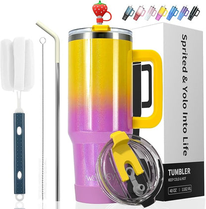 40 oz Shiny Tumbler with Handle and Straw, Stainless Steel Tumbler with Lid and by Watersy