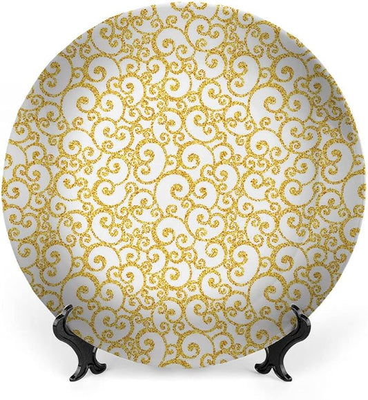 Ceramic Plates, Victorian Decorative Ceramic Plates, Swirling Lines Floral, 8 Inch, Household Plates Decorative, Golden
