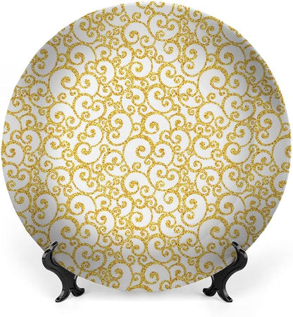 Ceramic Display Plate, Victorian Ceramic Hanging Decorative Plate, Swirling Lines Floral, 6 Inch, Living Room Kitchen Decoration Household, Golden