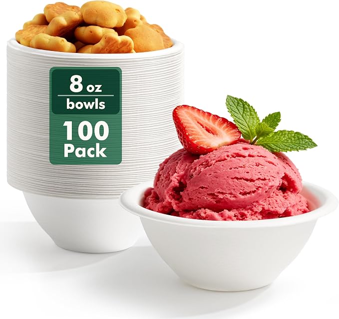 Paper Bowls 8 oz, Disposable Compostable Soup Bowls, Heavy Duty White Bowls Bulk by CELLURA