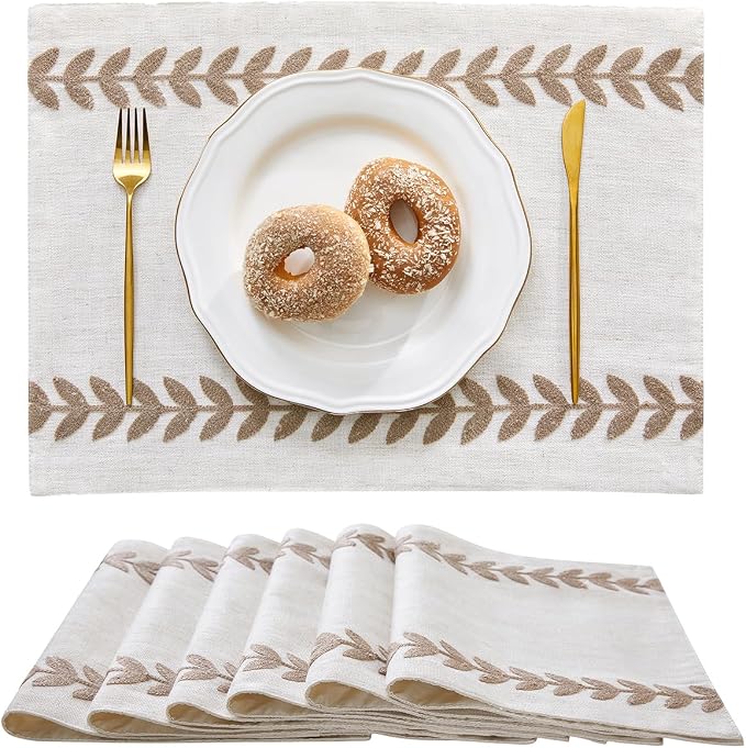 Wracra Embroidered Place Mats, Taupe Rustic Placemats Set of 6 | Macrame by Wracra