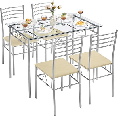 VECELO Dining Table Set for 4, 5-Piece Glass Kitchen Table with Chairs for Small Space, Breakfast Nook, Space-Saving, Silver