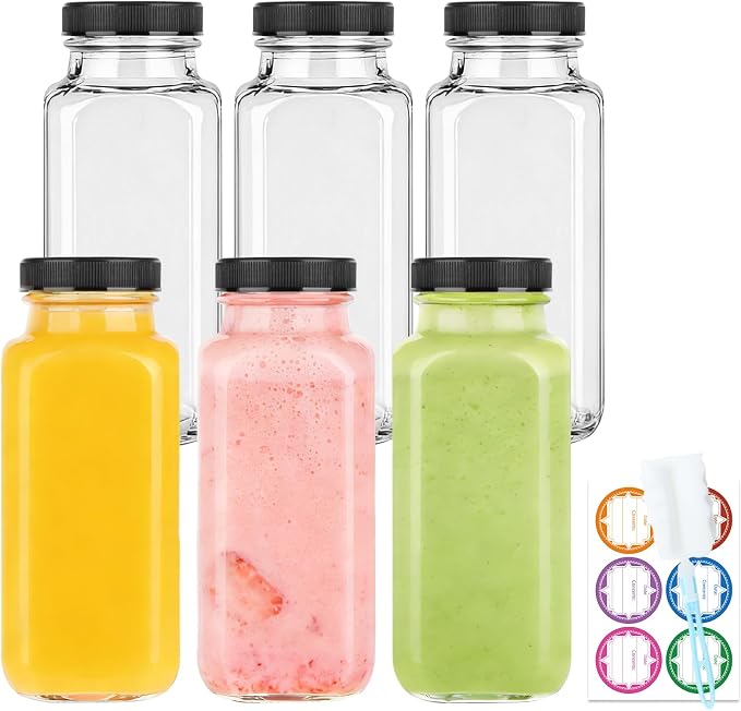 GUANENA 6 Pack Glass Drink Bottles, 8.5 OZ Vintage Square Water Bottles by GUANENA