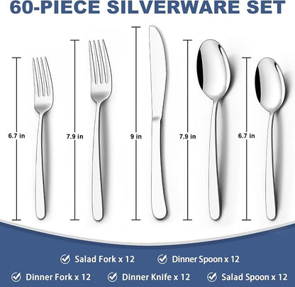 60-Piece Silverware Set for 12, Wildone Premium Stainless Steel Flatware Set - Image 2