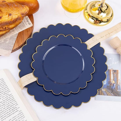 LIYH 60 Pcs Navy Blue Plastic Scalloped Plates with Gold Rim, Dark Blue Disposable Plates for Party Included 30 Dinner Plate 10.25 Inch,30 Dessert Plate 7.5 Inch Elegant Dishes Tableware