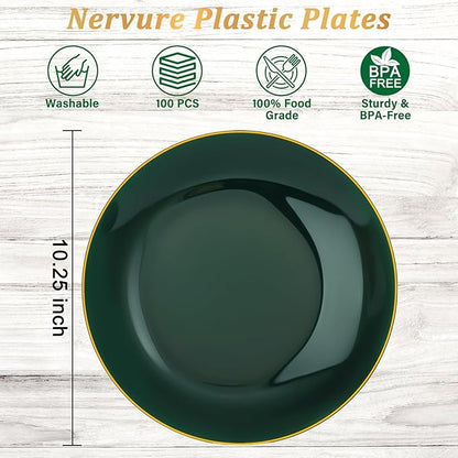 Nervure 100Pcs Green and Gold Plastic Plates - 10.25inch Disposable Green Dinner Plates - Heavy Duty Plastic Plate Ideal for Wedding & Party