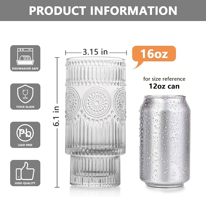 SoulTimes 4 Pack Large 16oz Ribbed Glassware Set, Flower Design Stackable Glass - Image 2
