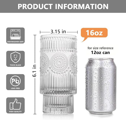 SoulTimes 4 Pack Large 16oz Ribbed Glassware Set, Flower Design Stackable Glass - Image 2