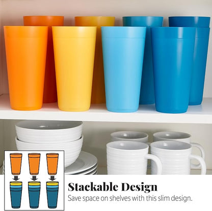 US Acrylic Newport 32 ounce Unbreakable Plastic Stackable Iced-Tea Tumblers in 4 Sunrise Colors | Set of 12 Drinking Cups | Reusable, BPA-free, Made in the USA, Top-rack Dishwasher and Microwave Safe