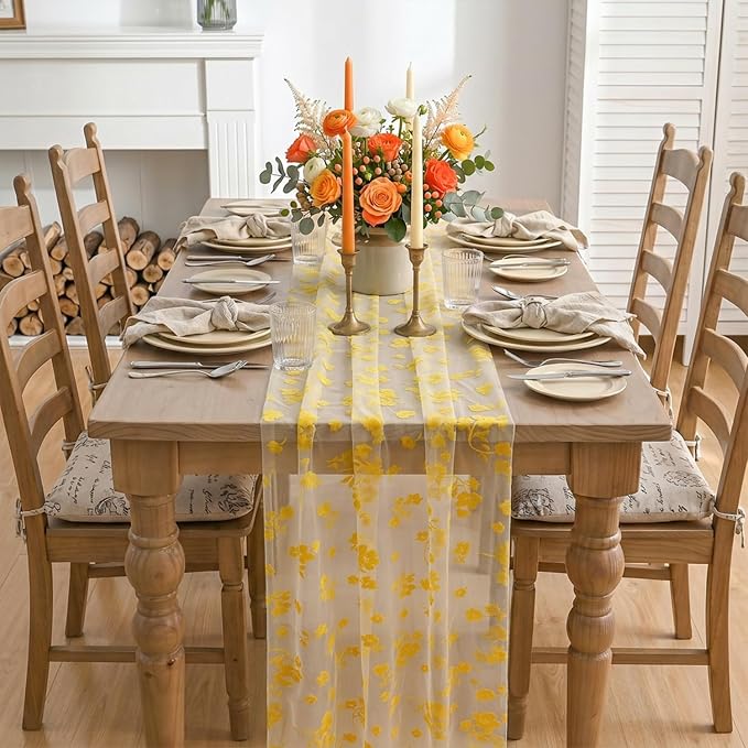 Artoid Mode White Gauze Flocking Yellow Flowers Table Runner 10FT, Spring Sheer - Image 2