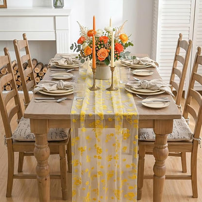 Artoid Mode White Gauze Flocking Yellow Flowers Table Runner 10FT, Spring Sheer - Image 2