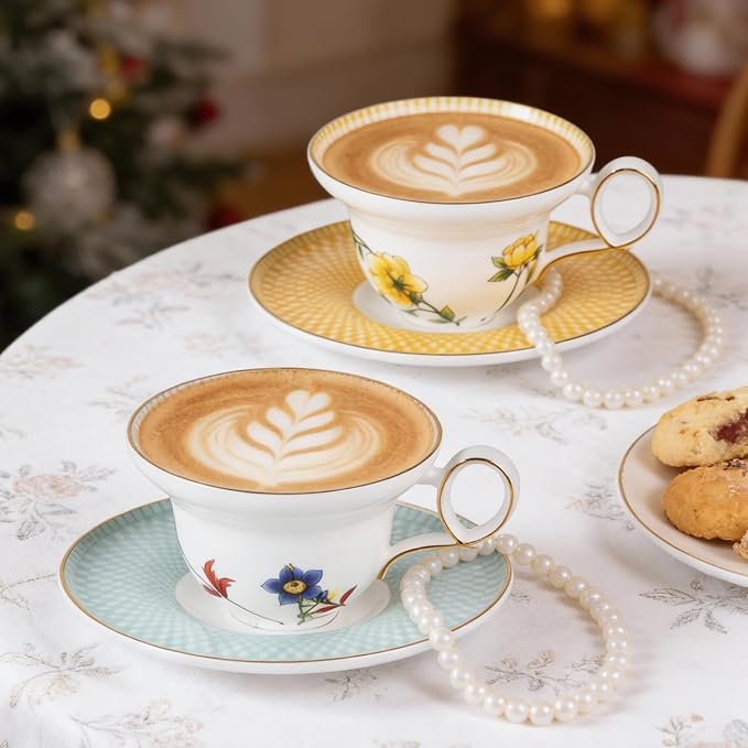 KAMMAK Tea Cups Set of 2, Ceramic Floral Pattern Demitasse Cup | Porcelain - Image 7