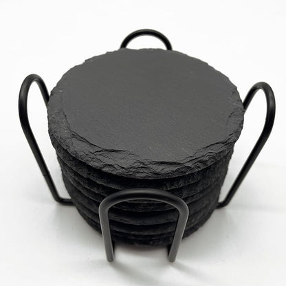 8 Pack 4 inch Round Slate Coasters with Metal Holder,Handmade Natural Rough Edge,with Integral Anti-Skid pad,Laser Engraving Blanks,Stone Coasters
