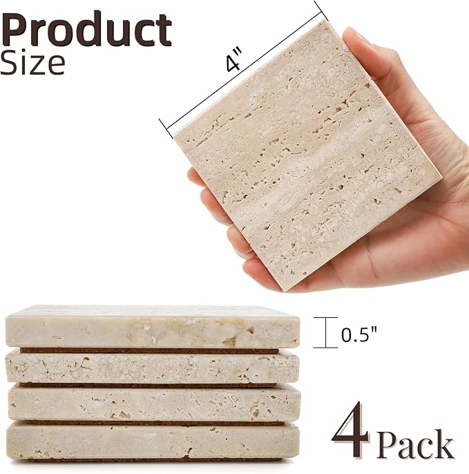 4 Pack Travertine Coaster, Stone Bar Drink Coasters, Limestone Coffee Cup - Image 2