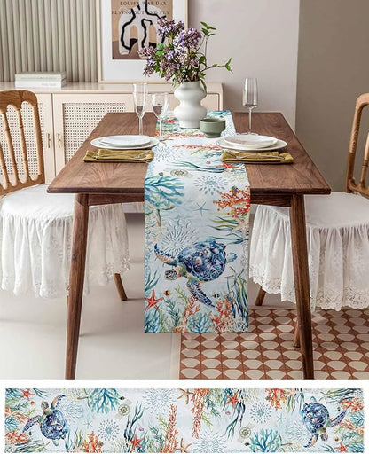 Sea Turtle Coastal Table Runners 48 Inches Long, Summer Beach Coral Table - Image 6