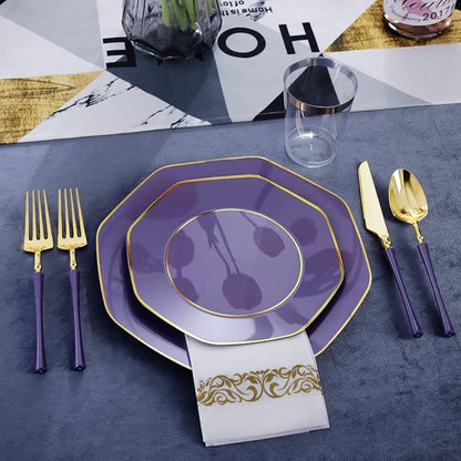 KIRE 140Pcs Purple Plates with Gold Rim - Image 5