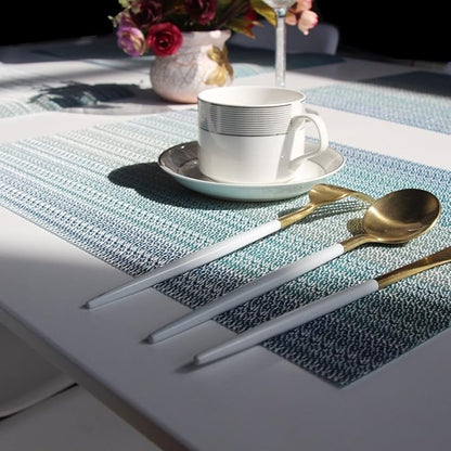 Placemats Washable Easy to Clean PVC Placemat for Kitchen Table Heat-resistand Woven Vinyl Hard Table Mats 12x18 inches Set of 4 （Blue）
