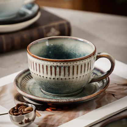 10Oz ceramic coffee cup and saucer sets, elegant striped pattern, unique kiln - Image 7