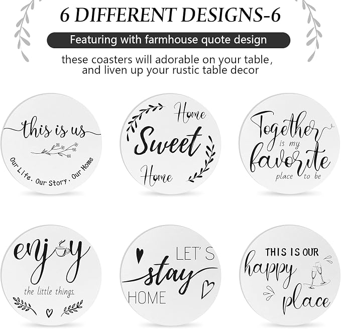 Queekay Coasters Set of 6 House Warming Gifts New Home Wooden Farmhouse Drink - Image 5