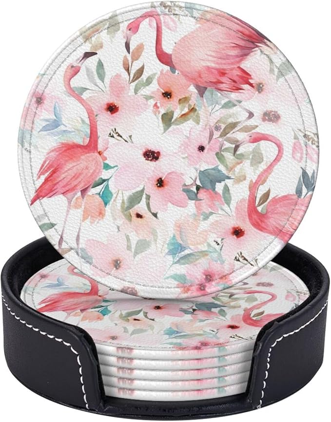 6 Pcs Watercolor Flamingo Tropical Floral Leaves Leather Coasters by Jfniub