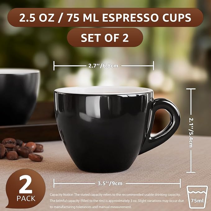 Pilnocok Ceramic Espresso Cups Set of 2, 2.5 oz Black Small Coffee Mugs | - Image 2
