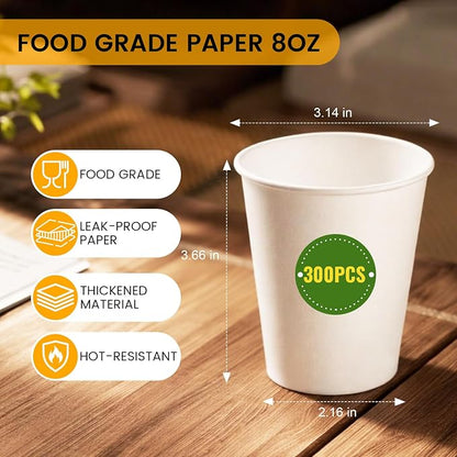 8 oz Paper Coffee Cups, 300 Pack Bulk White Disposable Paper Cups - Image 4