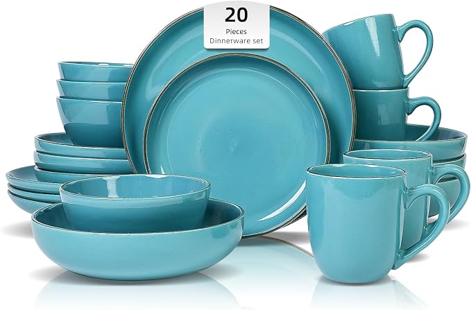 Stoneware Euro-Nordic 20pc Dinnerware Set, Shiny Turquoise Glaze by HomeVSS