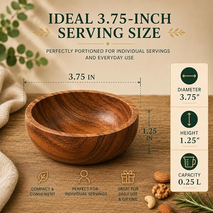 Acacia Wood Bowls: Handcrafted, 6 Bowls of 3.75-inch, 0.25 liters Capacity Each - Image 2